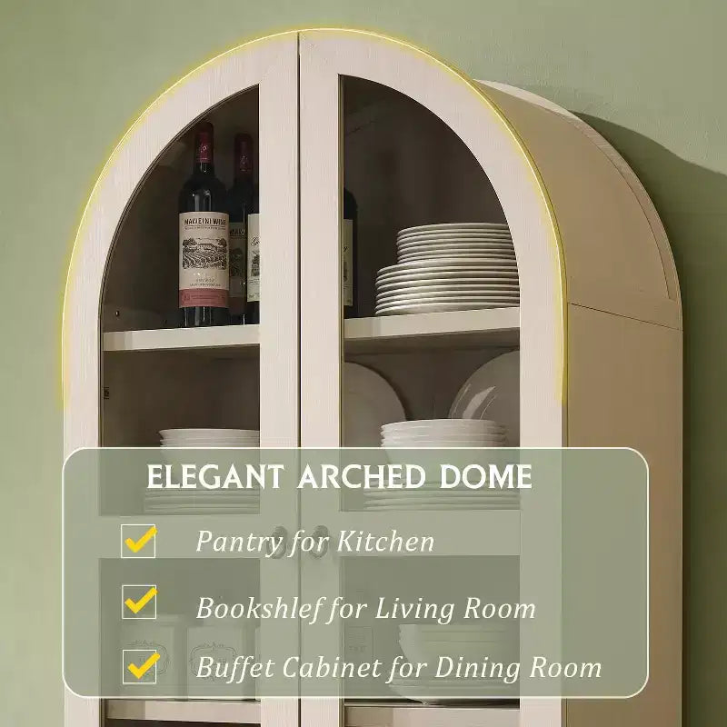 Armario de despensa alto con arco de 71", 2 cajones, estantes ajustables y puertas de vidrio, gabinete de almacenamiento de cocina estilo granja moderno