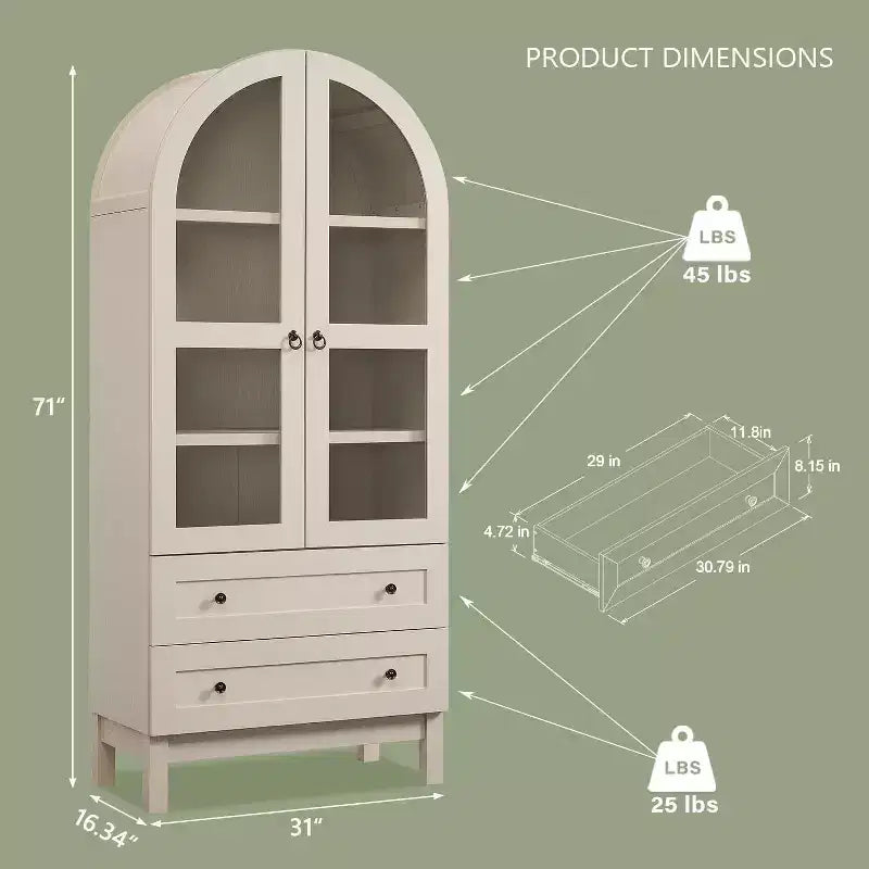 Armario de despensa alto con arco de 71", 2 cajones, estantes ajustables y puertas de vidrio, gabinete de almacenamiento de cocina estilo granja moderno