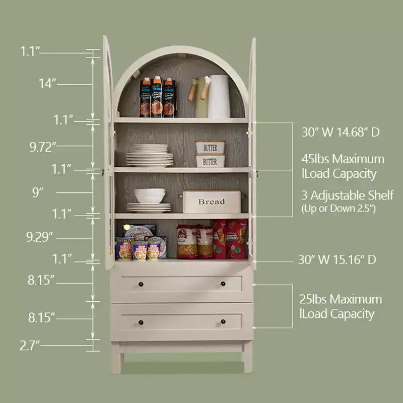 Armario de despensa alto con arco de 71", 2 cajones, estantes ajustables y puertas de vidrio, gabinete de almacenamiento de cocina estilo granja moderno