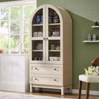 Armario de despensa alto con arco de 71", 2 cajones, estantes ajustables y puertas de vidrio, gabinete de almacenamiento de cocina estilo granja moderno