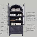Armario de despensa alto con arco de 71", 2 cajones, estantes ajustables y puertas de vidrio, gabinete de almacenamiento de cocina estilo granja moderno