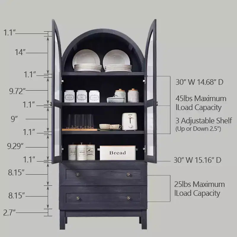 Armario de despensa alto con arco de 71", 2 cajones, estantes ajustables y puertas de vidrio, gabinete de almacenamiento de cocina estilo granja moderno