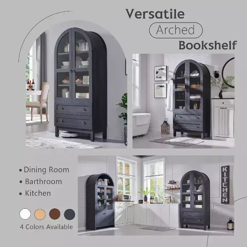 Armario de despensa alto con arco de 71", 2 cajones, estantes ajustables y puertas de vidrio, gabinete de almacenamiento de cocina estilo granja moderno