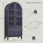 Armario de despensa alto con arco de 71", 2 cajones, estantes ajustables y puertas de vidrio, gabinete de almacenamiento de cocina estilo granja moderno