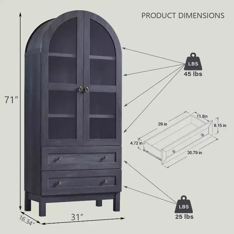 Armario de despensa alto con arco de 71", 2 cajones, estantes ajustables y puertas de vidrio, gabinete de almacenamiento de cocina estilo granja moderno