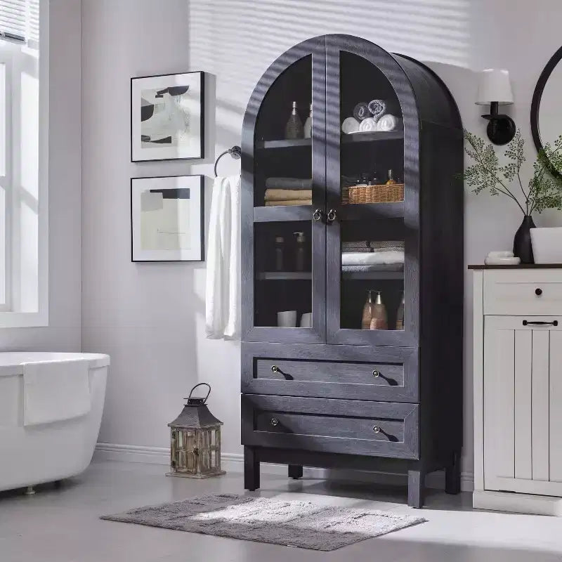 Armario de despensa alto con arco de 71", 2 cajones, estantes ajustables y puertas de vidrio, gabinete de almacenamiento de cocina estilo granja moderno
