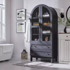 Armario de despensa alto con arco de 71", 2 cajones, estantes ajustables y puertas de vidrio, gabinete de almacenamiento de cocina estilo granja moderno