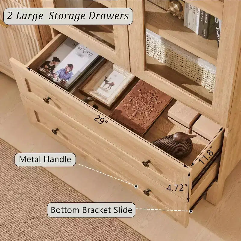 Armario de despensa alto con arco de 71", 2 cajones, estantes ajustables y puertas de vidrio, gabinete de almacenamiento de cocina estilo granja moderno