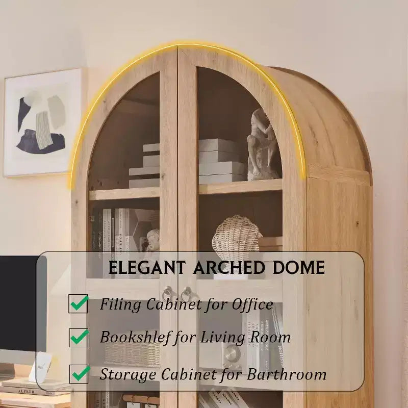 Armario de despensa alto con arco de 71", 2 cajones, estantes ajustables y puertas de vidrio, gabinete de almacenamiento de cocina estilo granja moderno