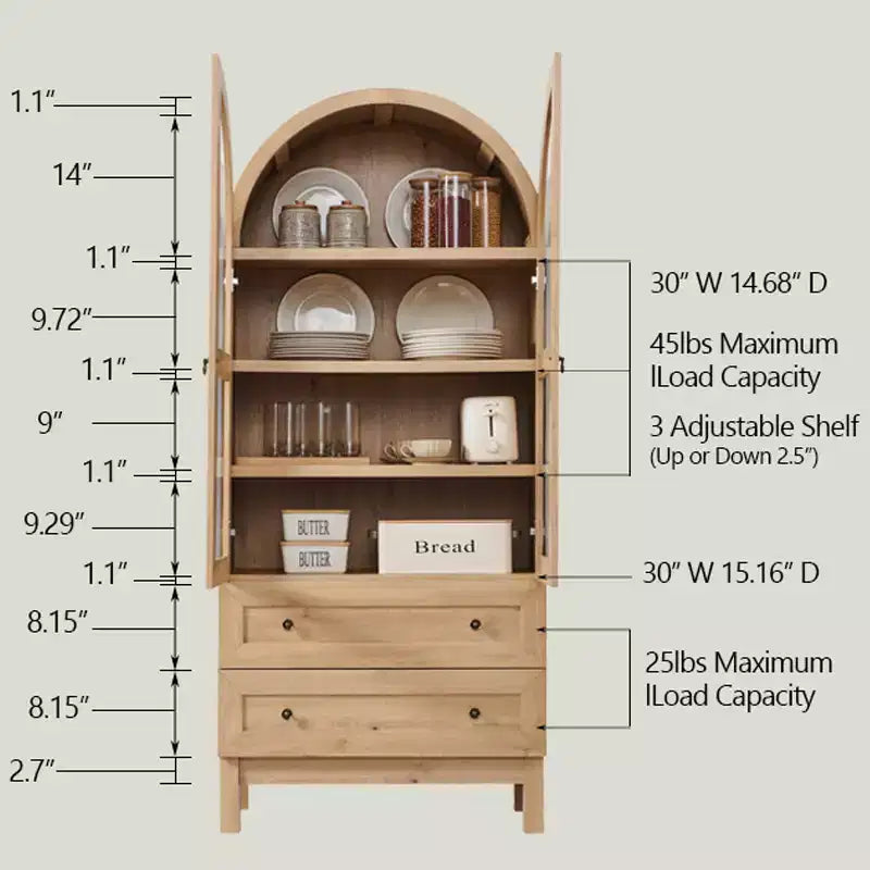 Armario de despensa alto con arco de 71", 2 cajones, estantes ajustables y puertas de vidrio, gabinete de almacenamiento de cocina estilo granja moderno