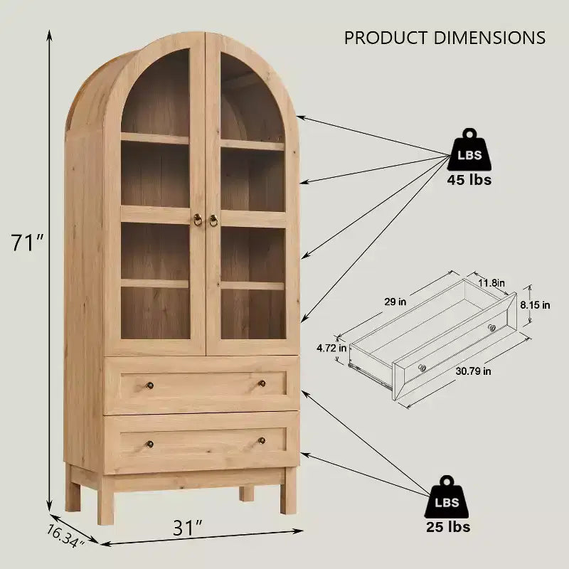 Armario de despensa alto con arco de 71", 2 cajones, estantes ajustables y puertas de vidrio, gabinete de almacenamiento de cocina estilo granja moderno