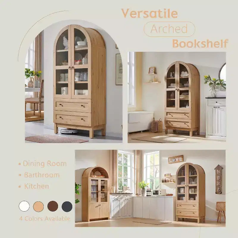Armario de despensa alto con arco de 71", 2 cajones, estantes ajustables y puertas de vidrio, gabinete de almacenamiento de cocina estilo granja moderno