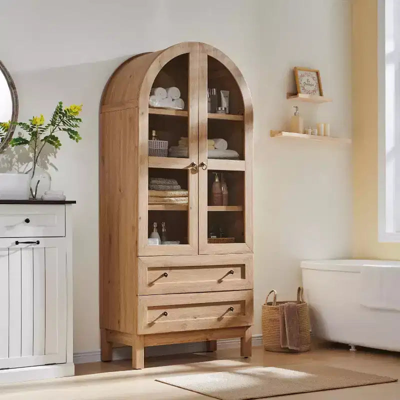 Armario de despensa alto con arco de 71", 2 cajones, estantes ajustables y puertas de vidrio, gabinete de almacenamiento de cocina estilo granja moderno