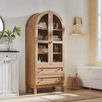 Armario de despensa alto con arco de 71", 2 cajones, estantes ajustables y puertas de vidrio, gabinete de almacenamiento de cocina estilo granja moderno
