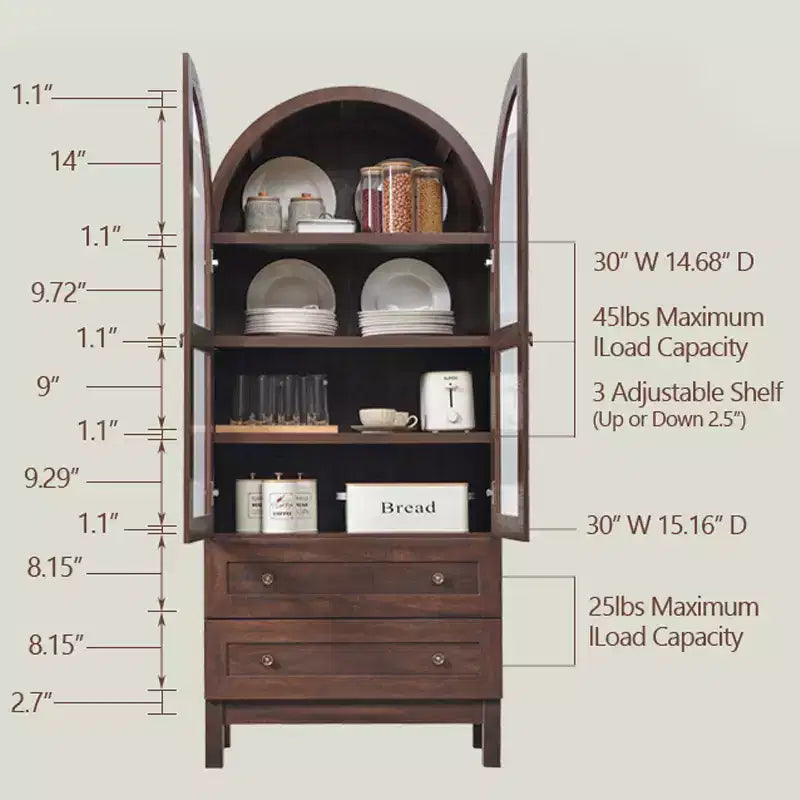 Armario de despensa alto con arco de 71", 2 cajones, estantes ajustables y puertas de vidrio, gabinete de almacenamiento de cocina estilo granja moderno