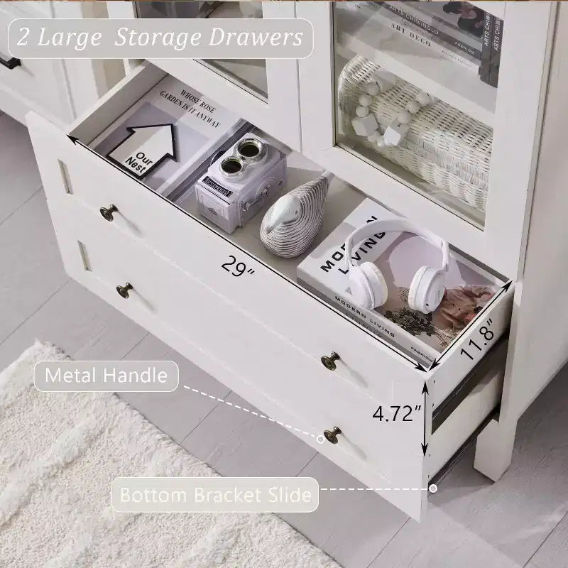 Armario de despensa alto con arco de 71", 2 cajones, estantes ajustables y puertas de vidrio, gabinete de almacenamiento de cocina estilo granja moderno