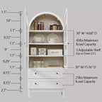 Armario de despensa alto con arco de 71", 2 cajones, estantes ajustables y puertas de vidrio, gabinete de almacenamiento de cocina estilo granja moderno