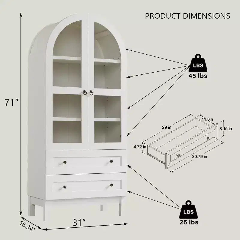 Armario de despensa alto con arco de 71", 2 cajones, estantes ajustables y puertas de vidrio, gabinete de almacenamiento de cocina estilo granja moderno