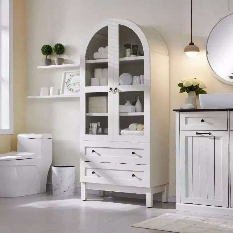 Armario de despensa alto con arco de 71", 2 cajones, estantes ajustables y puertas de vidrio, gabinete de almacenamiento de cocina estilo granja moderno