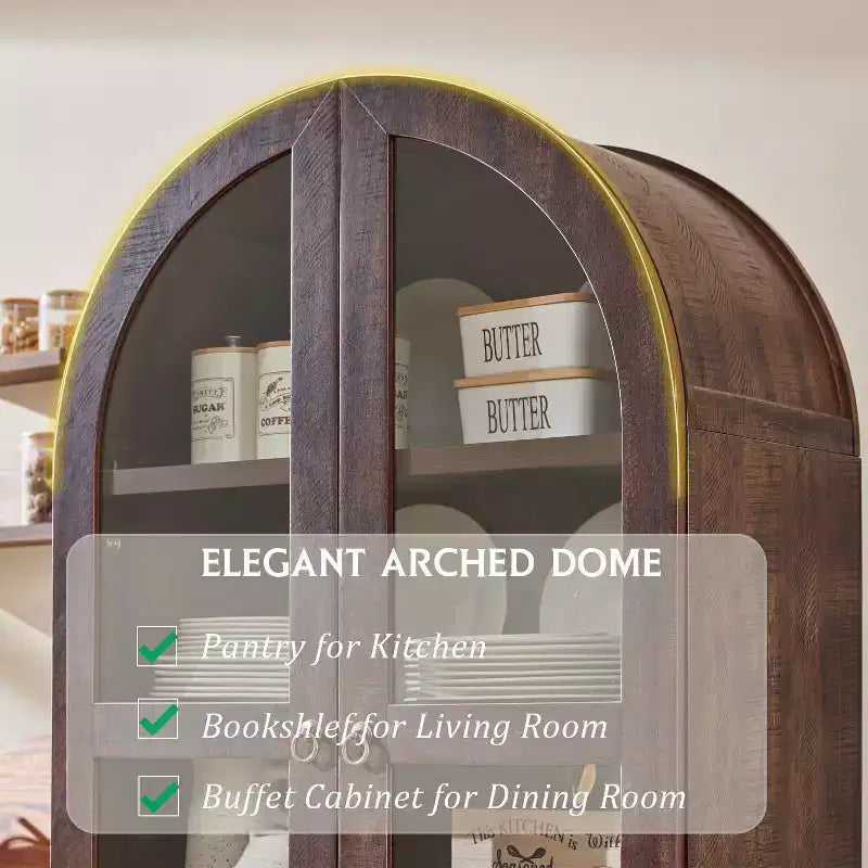 Armario de despensa alto con arco de 71", 2 cajones, estantes ajustables y puertas de vidrio, gabinete de almacenamiento de cocina estilo granja moderno