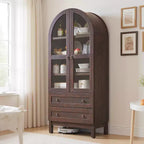 Armario de despensa alto con arco de 71", 2 cajones, estantes ajustables y puertas de vidrio, gabinete de almacenamiento de cocina estilo granja moderno
