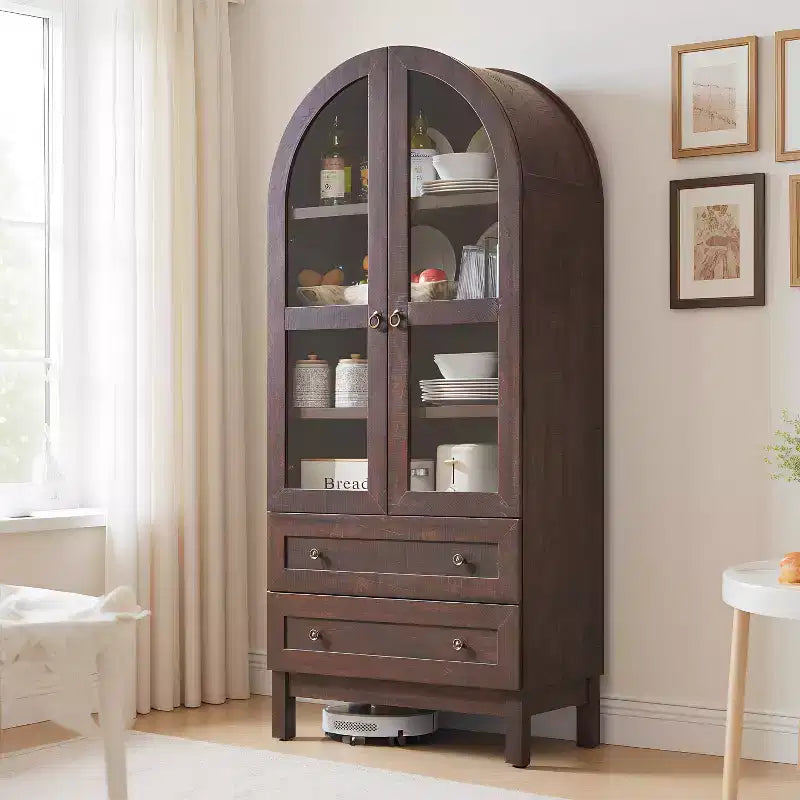Armario de despensa alto con arco de 71", 2 cajones, estantes ajustables y puertas de vidrio, gabinete de almacenamiento de cocina estilo granja moderno