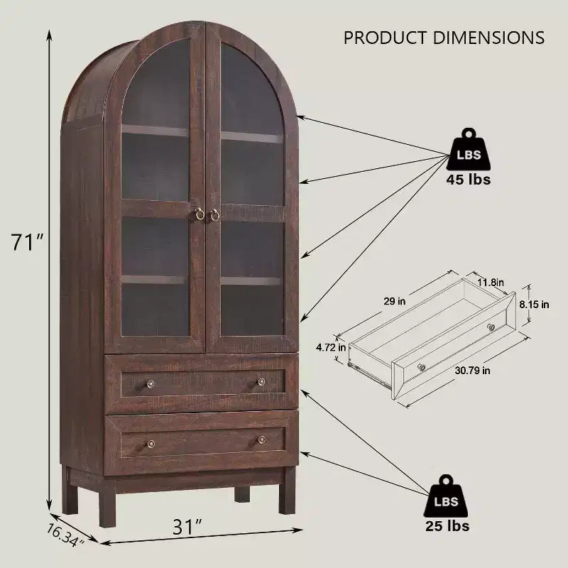 Armario de despensa alto con arco de 71", 2 cajones, estantes ajustables y puertas de vidrio, gabinete de almacenamiento de cocina estilo granja moderno