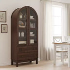 Armario de despensa alto con arco de 71", 2 cajones, estantes ajustables y puertas de vidrio, gabinete de almacenamiento de cocina estilo granja moderno