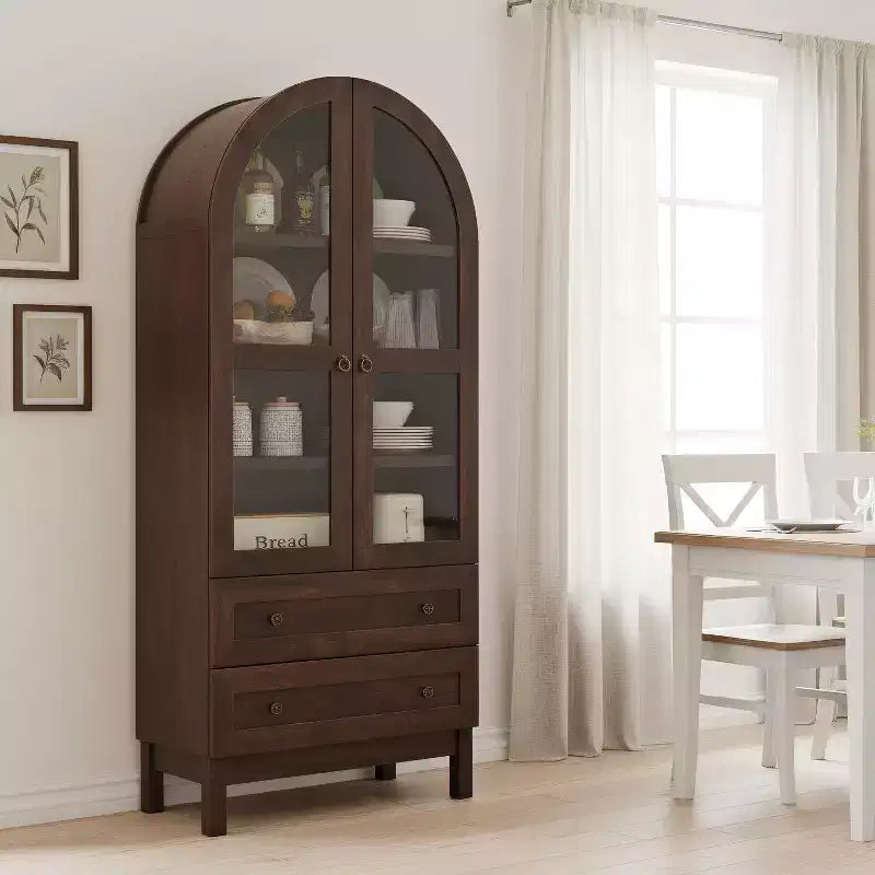Armario de despensa alto con arco de 71", 2 cajones, estantes ajustables y puertas de vidrio, gabinete de almacenamiento de cocina estilo granja moderno