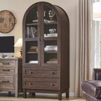Armario de despensa alto con arco de 71", 2 cajones, estantes ajustables y puertas de vidrio, gabinete de almacenamiento de cocina estilo granja moderno