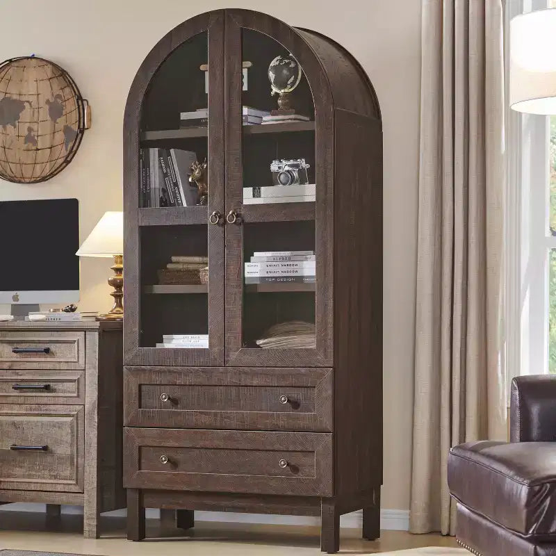 Armario de despensa alto con arco de 71", 2 cajones, estantes ajustables y puertas de vidrio, gabinete de almacenamiento de cocina estilo granja moderno