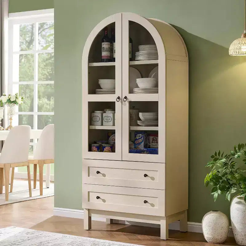 Armario de despensa alto con arco de 71", 2 cajones, estantes ajustables y puertas de vidrio, gabinete de almacenamiento de cocina estilo granja moderno