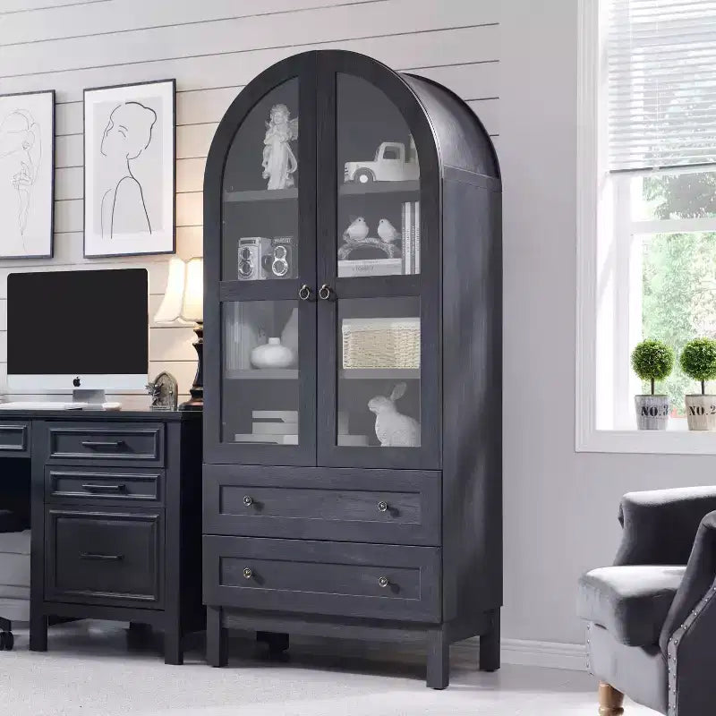 Armario de despensa alto con arco de 71", 2 cajones, estantes ajustables y puertas de vidrio, gabinete de almacenamiento de cocina estilo granja moderno