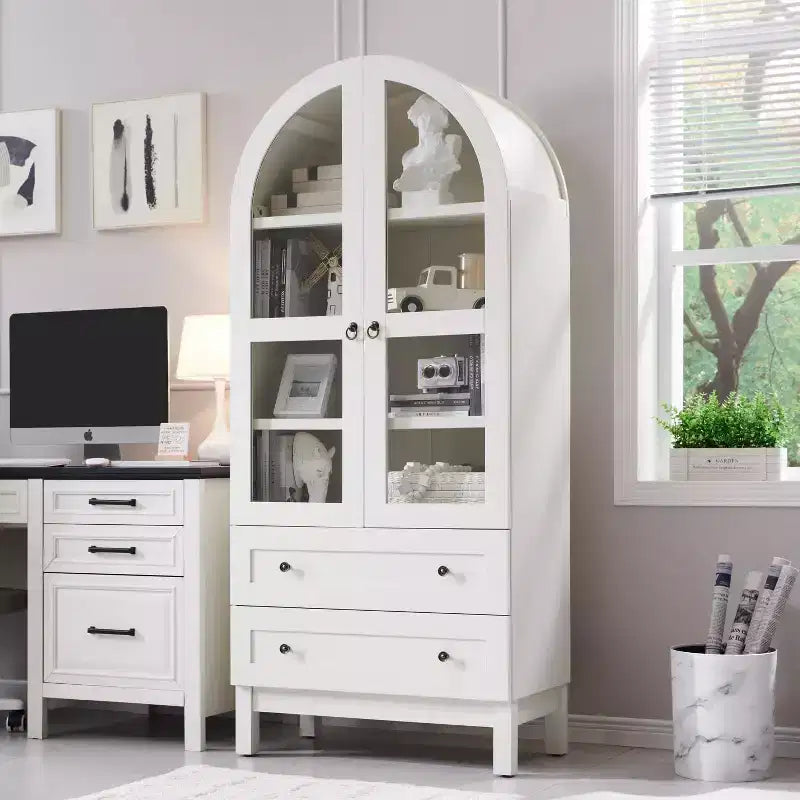 Armario de despensa alto con arco de 71", 2 cajones, estantes ajustables y puertas de vidrio, gabinete de almacenamiento de cocina estilo granja moderno