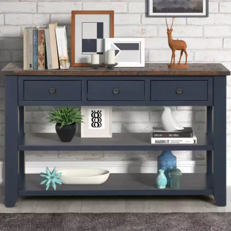 Mesa Consola de Madera Maciza de Pino, Mesa Auxiliar Moderna para Pasillo con 3 Cajones de Almacenamiento y 2 Estantes, Fácil de Montar