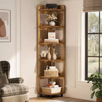 Estantería esquinera de 6 niveles, librería alta rústica de 71 pulgadas para sala de estar, dormitorio, oficina