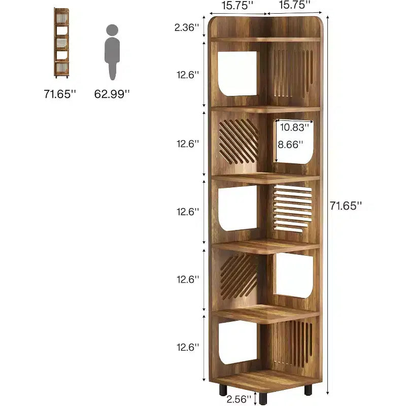 Estantería esquinera de 6 niveles, librería alta rústica de 71 pulgadas para sala de estar, dormitorio, oficina