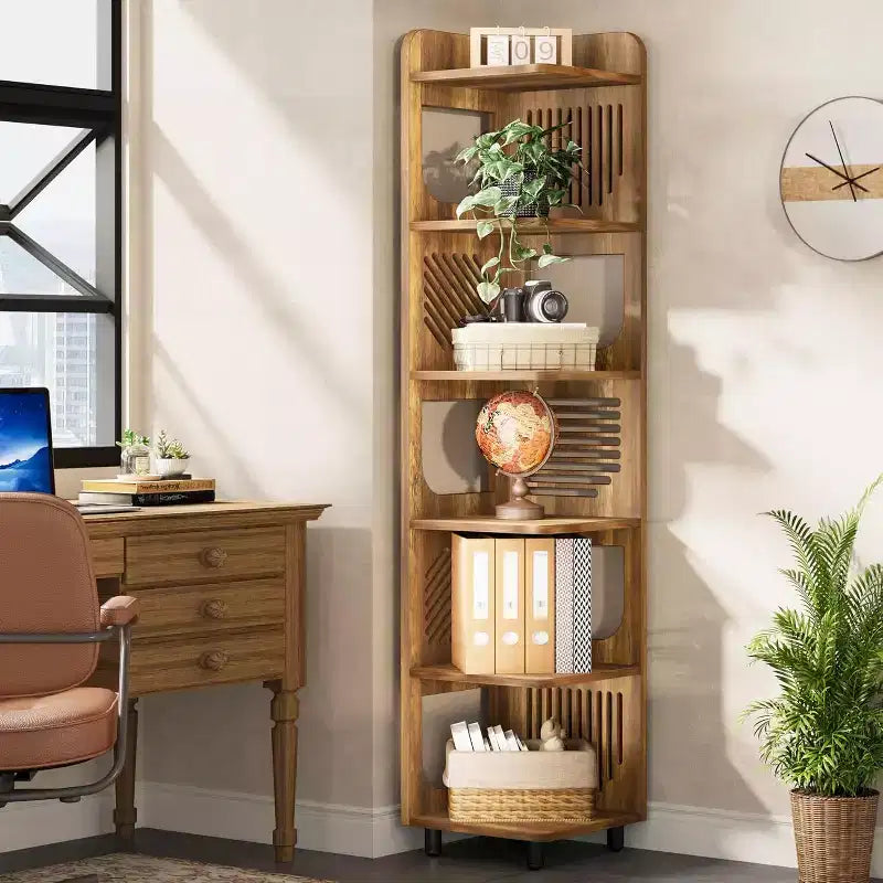 Estantería esquinera de 6 niveles, librería alta rústica de 71 pulgadas para sala de estar, dormitorio, oficina