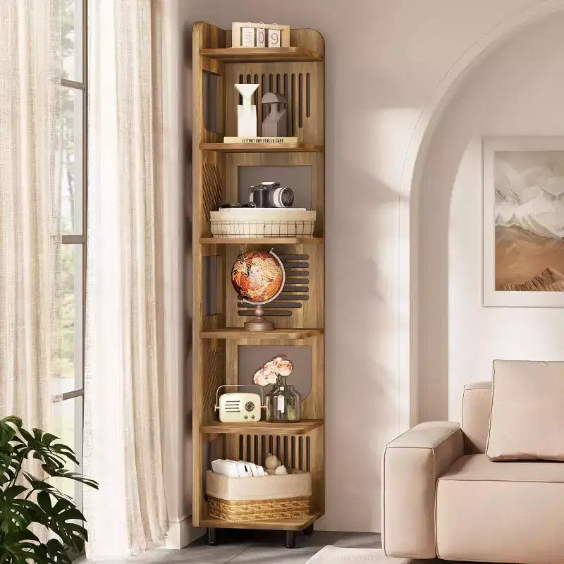 Estantería esquinera de 6 niveles, librería alta rústica de 71 pulgadas para sala de estar, dormitorio, oficina