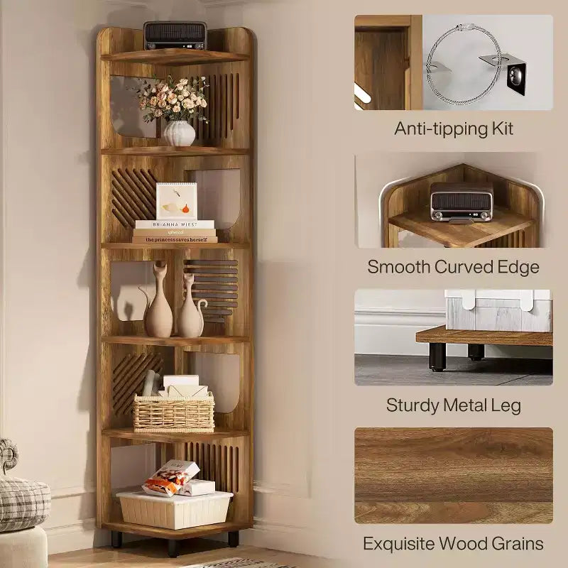 Estantería esquinera de 6 niveles, librería alta rústica de 71 pulgadas para sala de estar, dormitorio, oficina