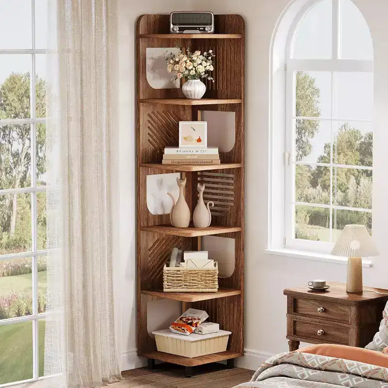 Estantería esquinera de 6 niveles, librería alta rústica de 71 pulgadas para sala de estar, dormitorio, oficina