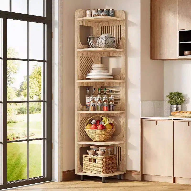 Estantería esquinera de 6 niveles, librería alta rústica de 71 pulgadas para sala de estar, dormitorio, oficina