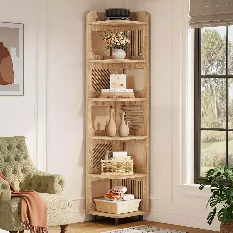 Estantería esquinera de 6 niveles, librería alta rústica de 71 pulgadas para sala de estar, dormitorio, oficina