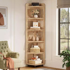 Estantería esquinera de 6 niveles, librería alta rústica de 71 pulgadas para sala de estar, dormitorio, oficina