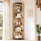 Estantería esquinera de 6 niveles, librería alta rústica de 71 pulgadas para sala de estar, dormitorio, oficina