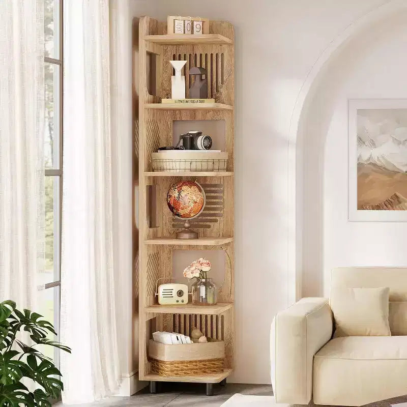 Estantería esquinera de 6 niveles, librería alta rústica de 71 pulgadas para sala de estar, dormitorio, oficina