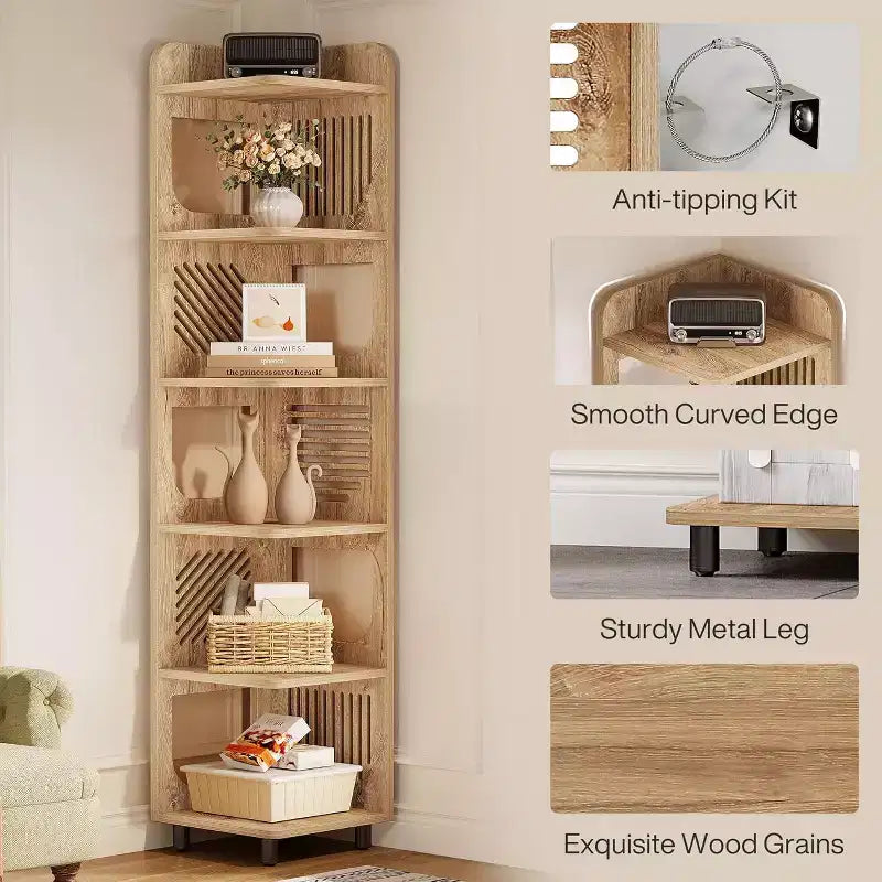 Estantería esquinera de 6 niveles, librería alta rústica de 71 pulgadas para sala de estar, dormitorio, oficina