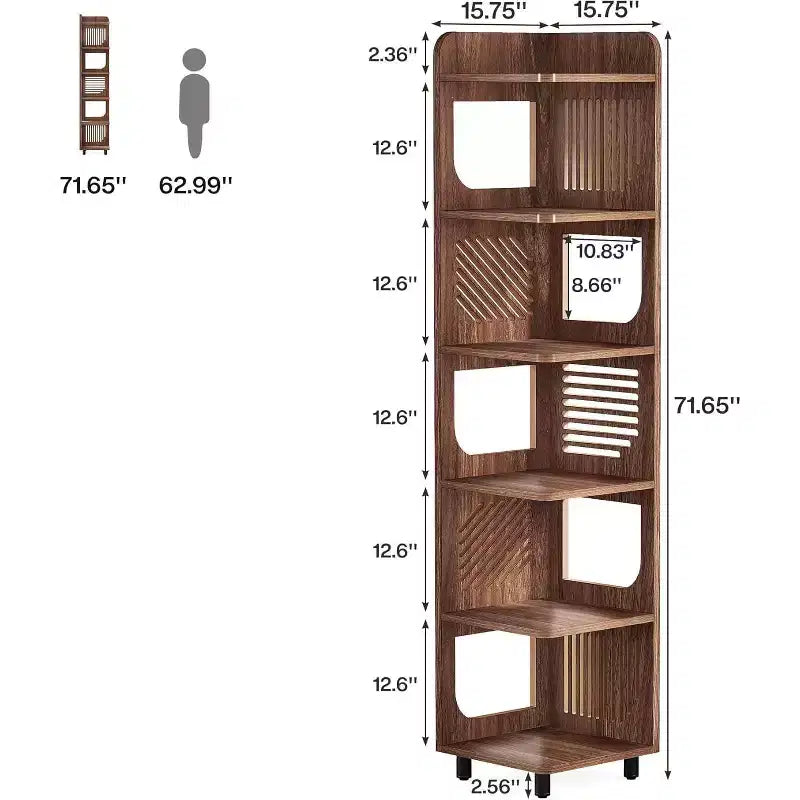 Estantería esquinera de 6 niveles, librería alta rústica de 71 pulgadas para sala de estar, dormitorio, oficina
