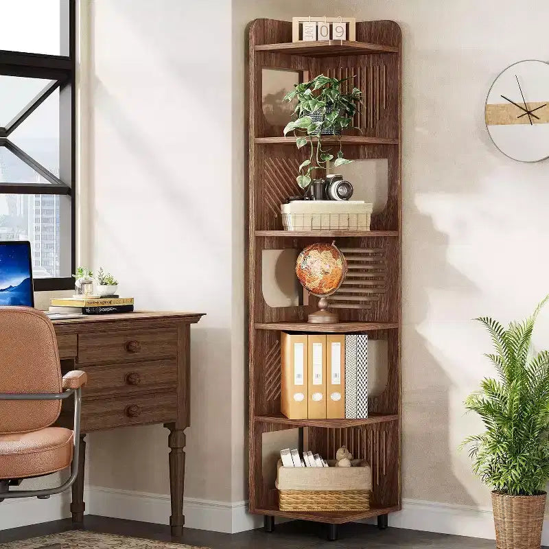 Estantería esquinera de 6 niveles, librería alta rústica de 71 pulgadas para sala de estar, dormitorio, oficina