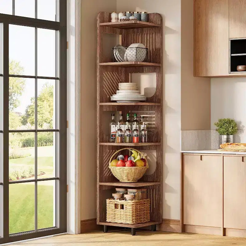 Estantería esquinera de 6 niveles, librería alta rústica de 71 pulgadas para sala de estar, dormitorio, oficina